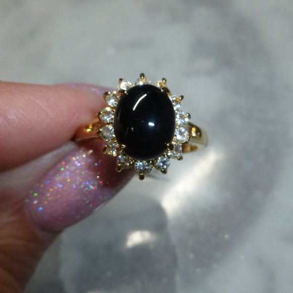 18k Yellow Gold EP Onyx Halo Swarovski Crystal Dolphin Ore Ring - Picture 1 of 11